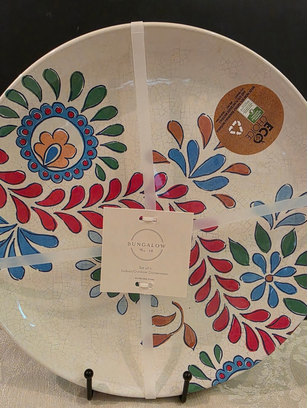 Bungalow Vintage Floral Pattern 4 Melamine Dinner Plates Crackle Finish New